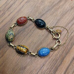 Vtg Catamore 12k Gold Filled Scarab Bracelet Safety Chain Semi Precious Stones